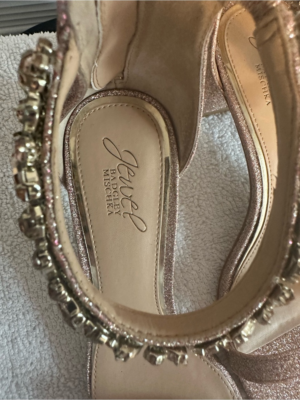Jewel Badgley Mischka Rose Gold Glitter Jeweled Ankle-Strap Block Heels - Picture 2 of 6